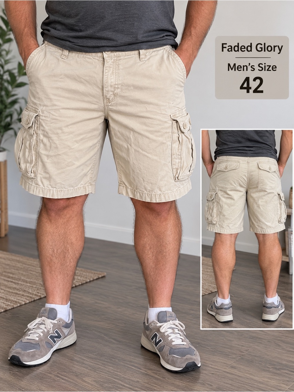 Faded Glory Men's Beige Cargo Shorts - Neutral Tan SIZE 42